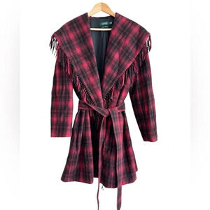 Lauren Ralph Lauren 18W Wool Blend Red Plaid Wrap Coat Fringe Italy